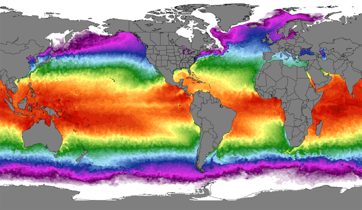 Global ocean temperature map showing tropical thermal gradients