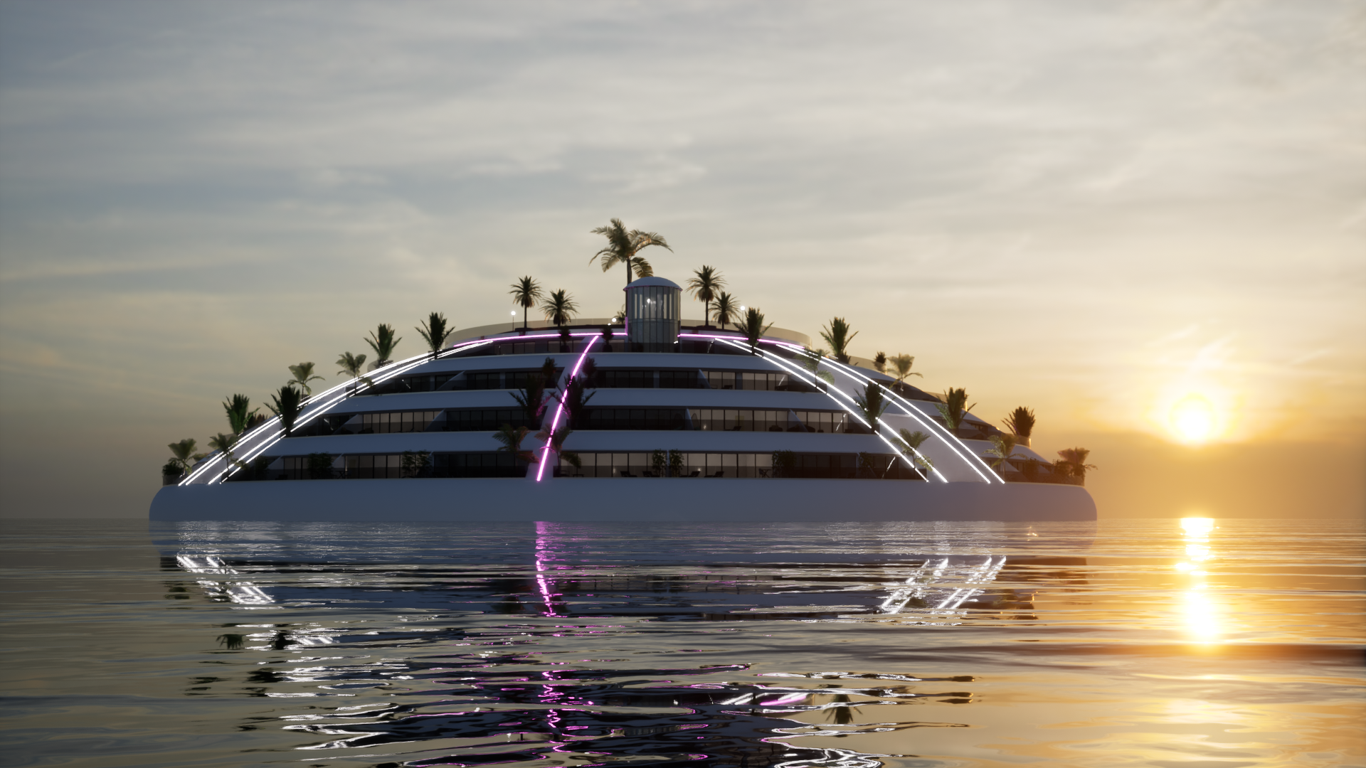 RB Sea dome platform concept — wide UHPC structure with heavy base at sunset