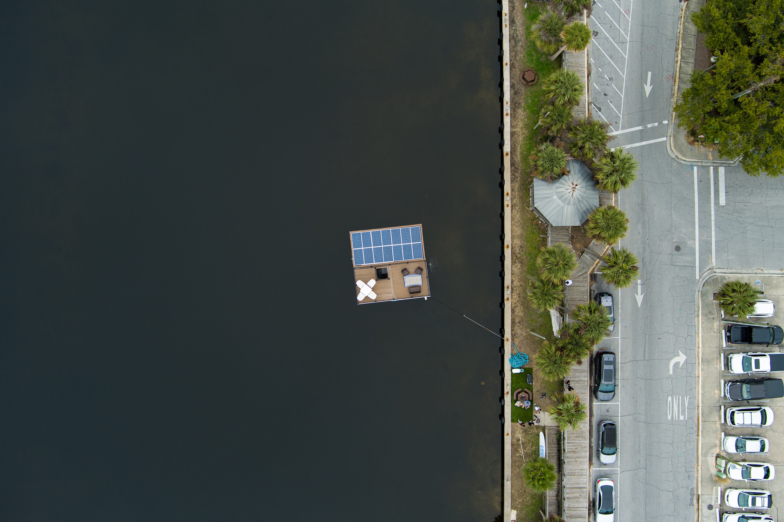 Aerial view of Coquina floating platform on open water